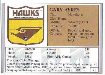 1992 AFL Regina #71 Gary Ayres Back